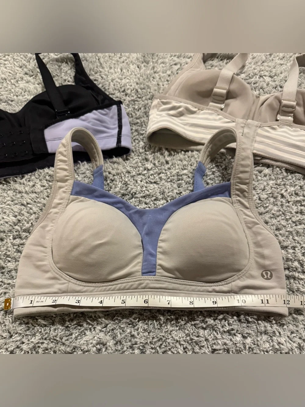 Lululemon 32D Sports Bra Bundle 3 Pc Neutral Colors of Purple Gray White Striped